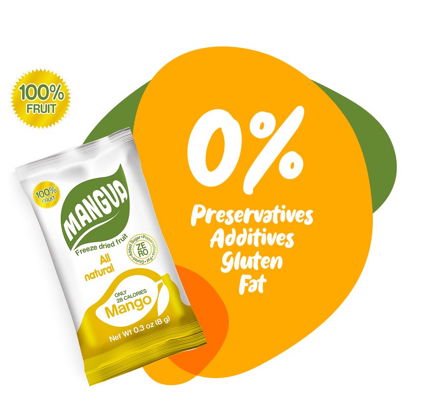 MANGUA freeze-dried mango snack next to bold 0% label with no preservatives, additives, gluten, or fat.